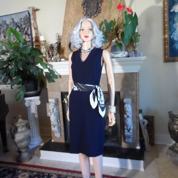 New Akris Navy Blue Wool-Blend V-Neck Sheath Dress Size US 10 - Picture 3 of 16